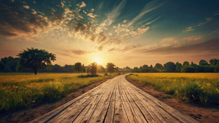 Sunset in the middle of the field with wooden boardwalk.の写真素材