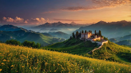 Majestic sunset over the landscape. Panoramic view.の写真素材