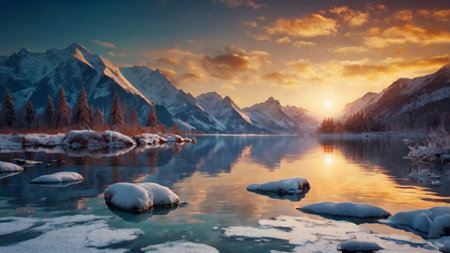 Mountain lake with snow and ice at sunset. Landscape with lake and mountains.の写真素材