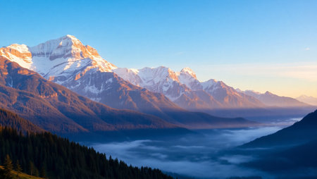 Mountain landscape with snow covered peaks in the clouds at sunrise.の写真素材