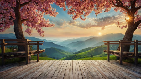 Wooden terrace with cherry blossoms on the background of mountainsの写真素材