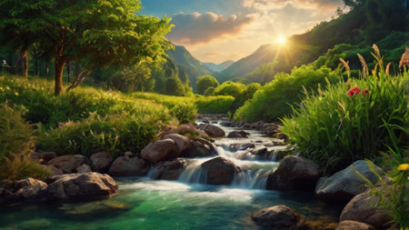 Beautiful landscape of mountain river flowing through the green forest at sunsetの写真素材