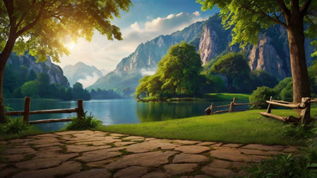 Beautiful summer landscape with lake and mountains in the background, panoramaの写真素材