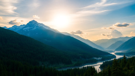 Mountain landscape with lake and forest at sunset in the summer.の写真素材