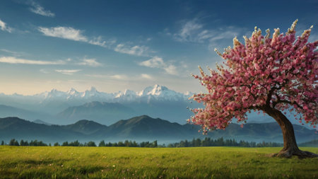 Beautiful spring landscape with blooming tree on meadow and mountainsの写真素材