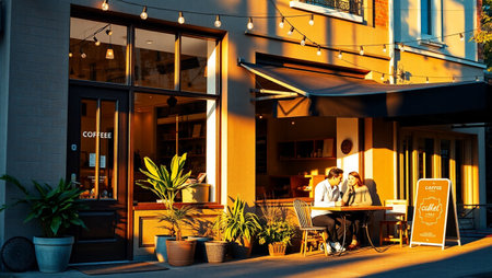 Couple in love sitting on a bench in a cafe on the streetの写真素材