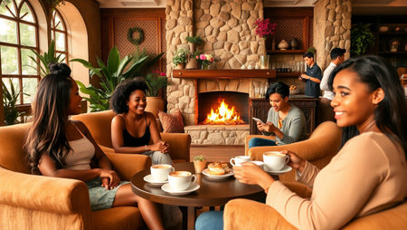 Group of friends drinking coffee and chatting in the living room at homeの写真素材