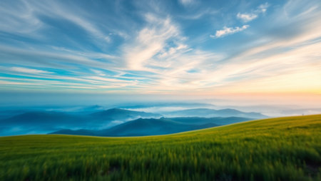 Landscape of green hills and blue sky with clouds at sunset.の写真素材