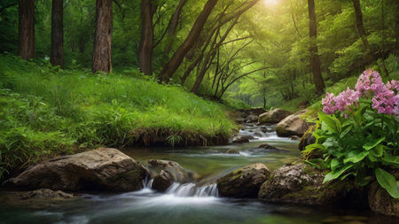Mountain stream in the forest in the morning. Nature landscape.
