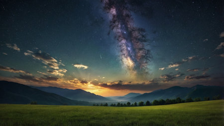Milky Way over the meadow at sunset. Panoramic viewの写真素材