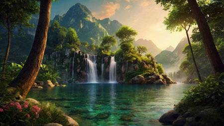 Beautiful waterfall in the jungle. 3d rendering. Computer digital drawing.の写真素材