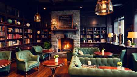 Interior of a cozy bar with a fireplace and green armchairsの写真素材