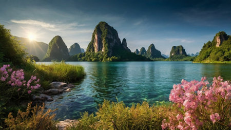Panoramic view of karst mountains and lake in Chinaの写真素材
