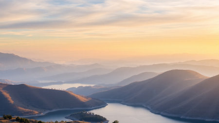 Sunrise over the lake in the mountains, view from the topの写真素材