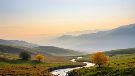Autumn landscape in the mountains with a river flowing through the valleyの写真素材