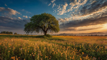 Lonely tree in the meadow at sunset, panoramaの写真素材