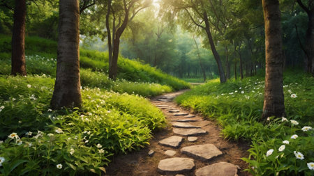 Pathway in the forest with white flowers and green grass in the morning.