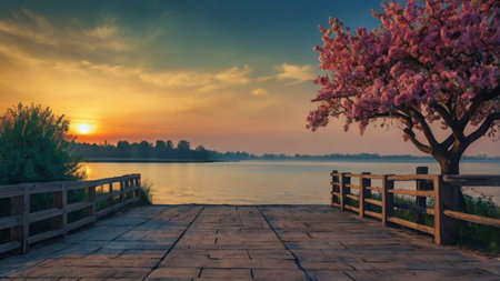 Wooden walkway with blooming sakura tree on lake at sunsetの写真素材
