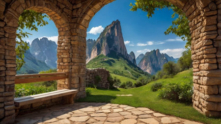panoramic view of the beautiful landscape of the Dolomites, Italyの写真素材