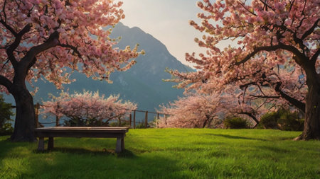 Cherry blossoms in full bloom on a green meadow.の写真素材