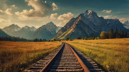 Railway in the mountains at sunset. Tatra Mountains, Polandの写真素材
