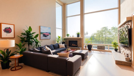 Interior of a modern living room with a large window overlooking the garden