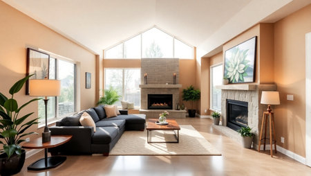 Interior of a modern living room with fireplace and wooden floor. Nobody inside