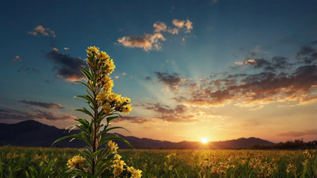 Sunset over a meadow with yellow flowers and mountains in the backgroundの写真素材