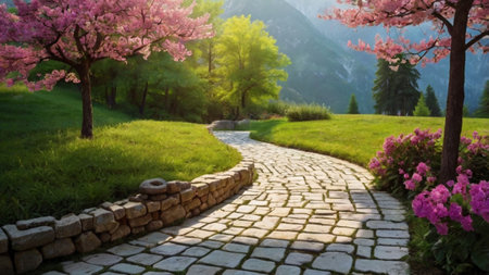 Cherry blossoms blooming in spring. Path in the park
