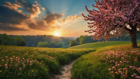 Beautiful spring landscape with blooming trees and meadow at sunsetの写真素材