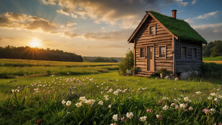 Old wooden house on a green meadow with flowers at sunset.の写真素材