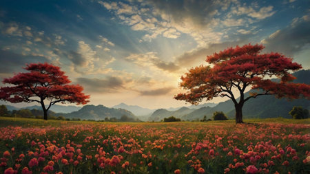 Beautiful landscape with colorful flowers and tree at sunset. Panorama