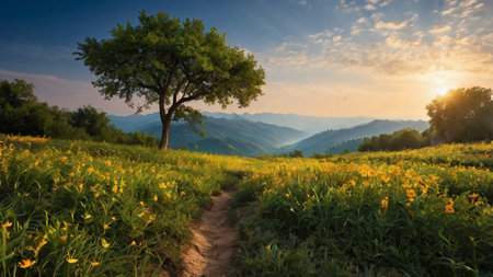Sunset in the mountains. Beautiful landscape with a meadow of yellow flowers.の写真素材