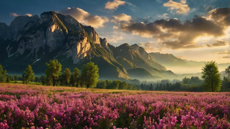 Beautiful summer landscape with pink flowers in the meadow and mountains in the backgroundの写真素材