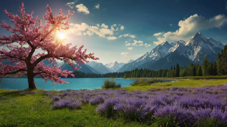 Beautiful spring landscape with blooming flowers, lake and mountains.