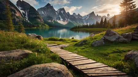 Wooden boardwalk on the lake in the Dolomites, Italyの写真素材