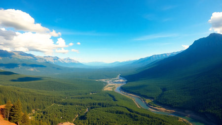 Mountain landscape with river. Panoramic view from the top of the mountain.の写真素材