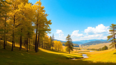 Autumn landscape with yellow larch trees and river, Altai, Russiaの写真素材