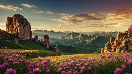 Beautiful spring landscape in the mountains. Panoramic view.の写真素材