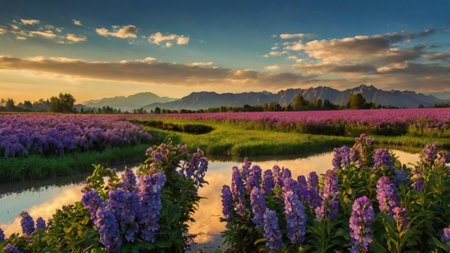 Sunset over the field of purple flowers and mountains in the backgroundの写真素材