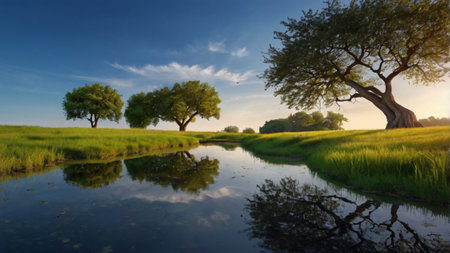 Panoramic view of a green meadow and trees with reflection in waterの写真素材