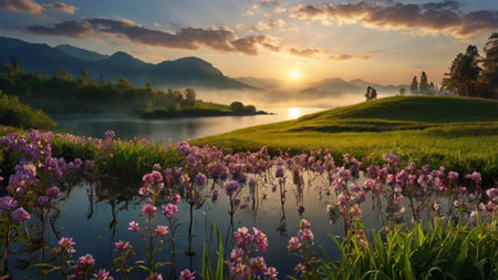 Beautiful sunrise over the lake with pink flowers and fog in the morning