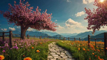 Beautiful panoramic view of meadow with flowers at sunset