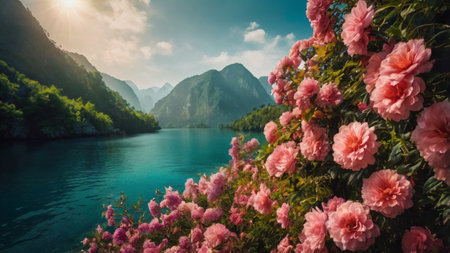 Beautiful spring landscape with blooming flowers and mountains.