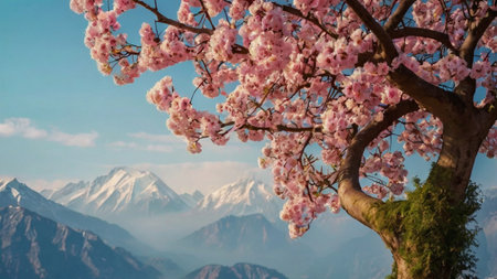 Beautiful cherry blossom tree in spring time with mountain backgroundの写真素材