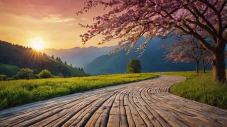 Cherry blossoms on the road in the morning with beautiful skyの写真素材