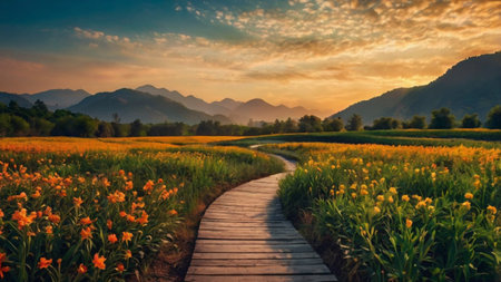 Beautiful landscape of yellow flower meadow and mountain at sunset.