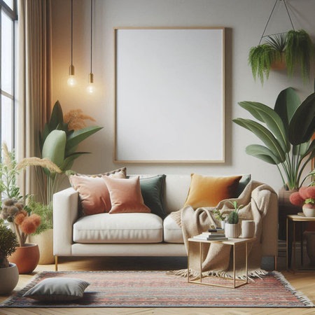 Interior of modern living room with beige sofa, coffee table, potted plants and mock up poster. 3d renderの写真素材