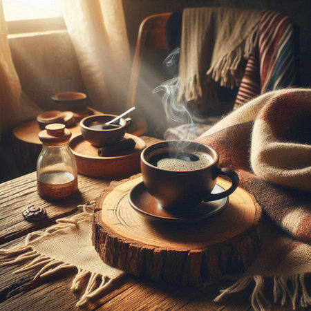 Cup of coffee with scarf on a wooden table.の写真素材
