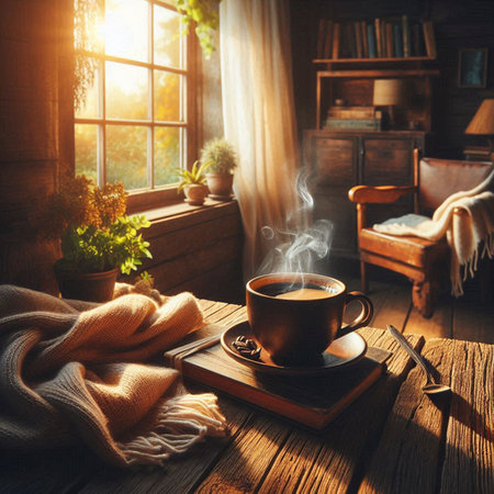 Cup of hot coffee with steam on wooden table in cozy roomの写真素材